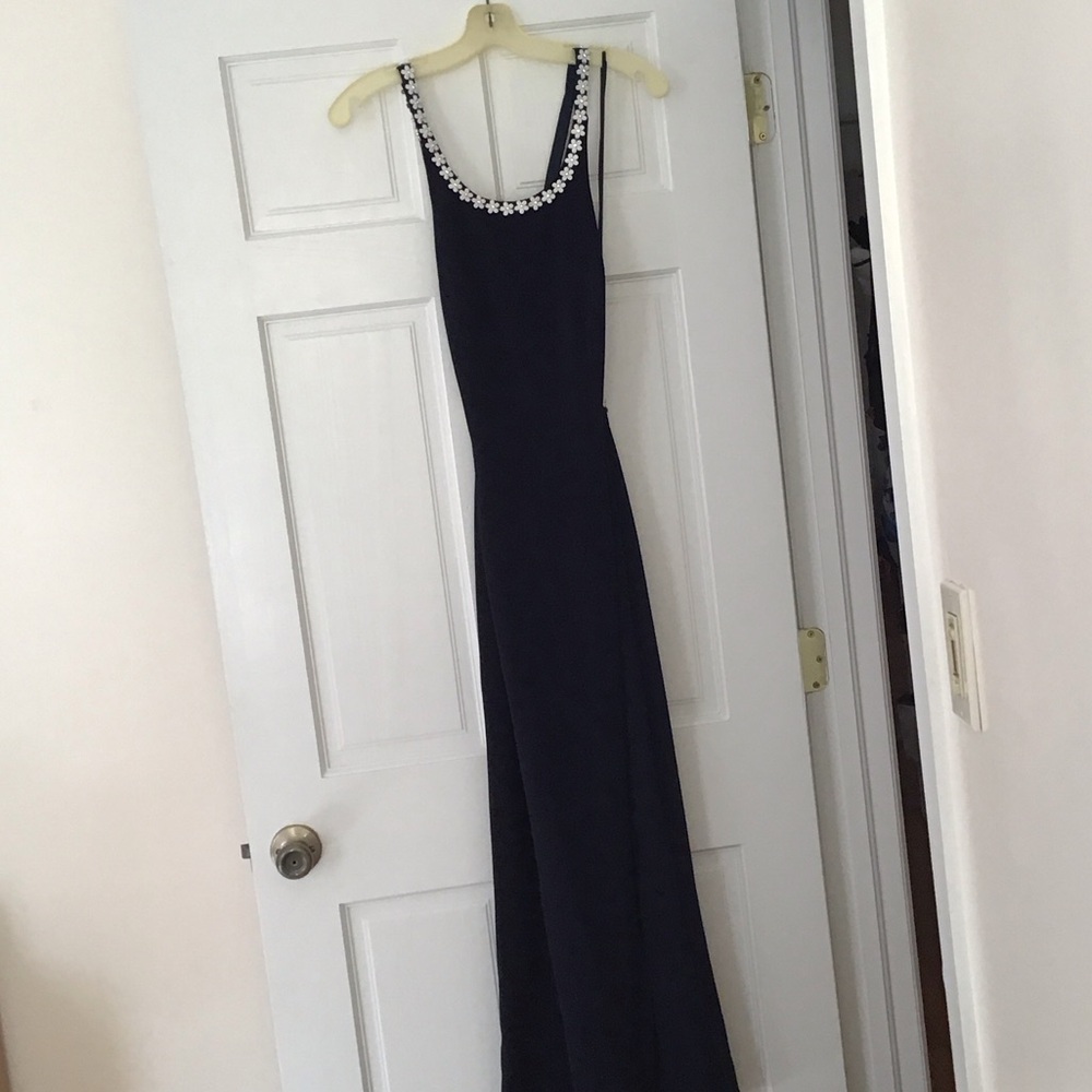 Bari Jay Navy Maxi Dress with White Floral Trim